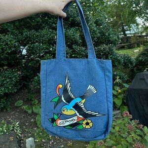 Ed Hardy denim tote bag with floral bird design